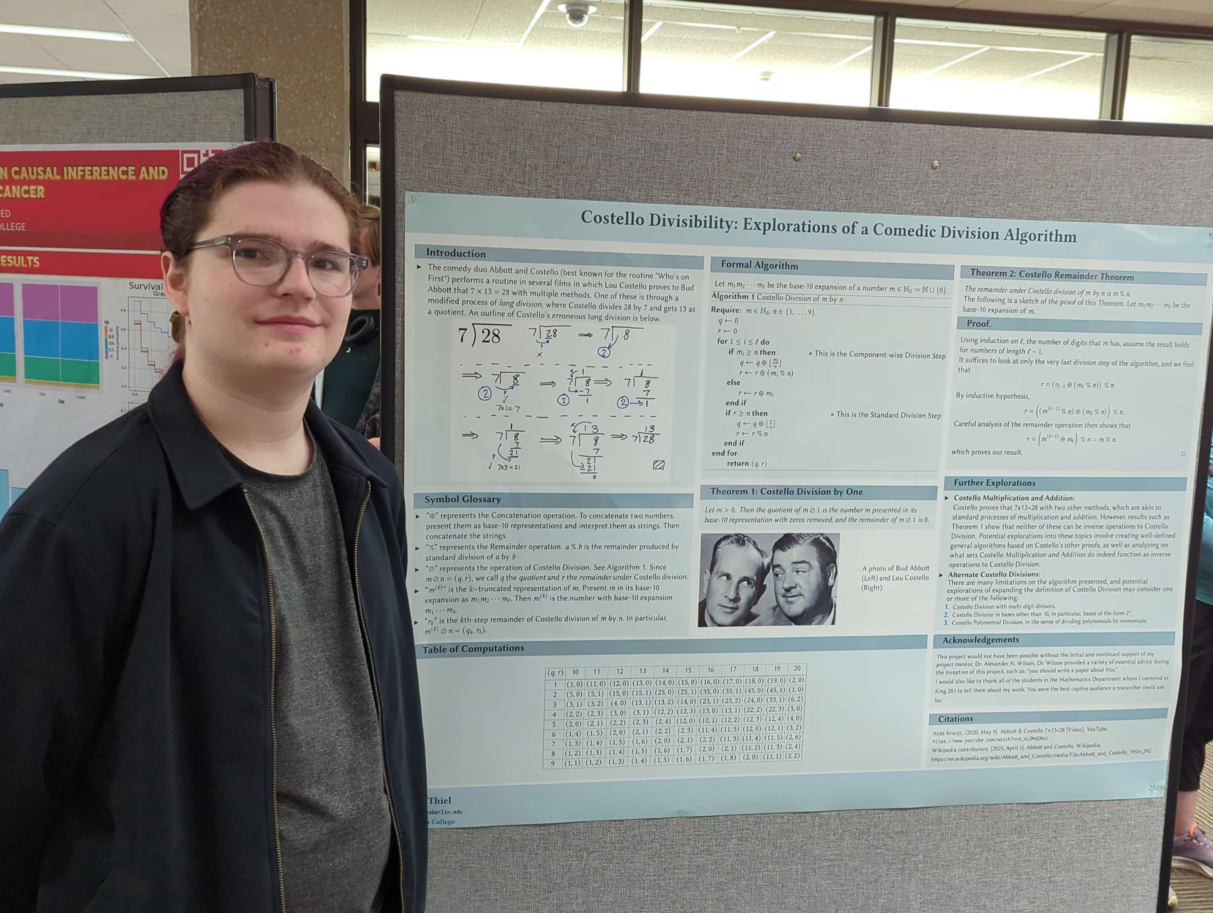 A mathematician next to their research poster.